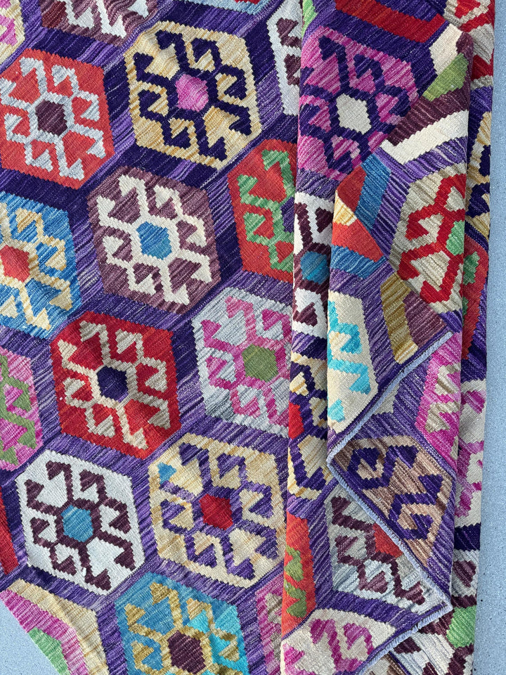 6x8 (182x243) Handmade Afghan Kilim Rug | Purple Fuchsia Violet Eggplant Plum Cornsilk Cream Orange Green Grey Pink Denim Blue Aqua Red