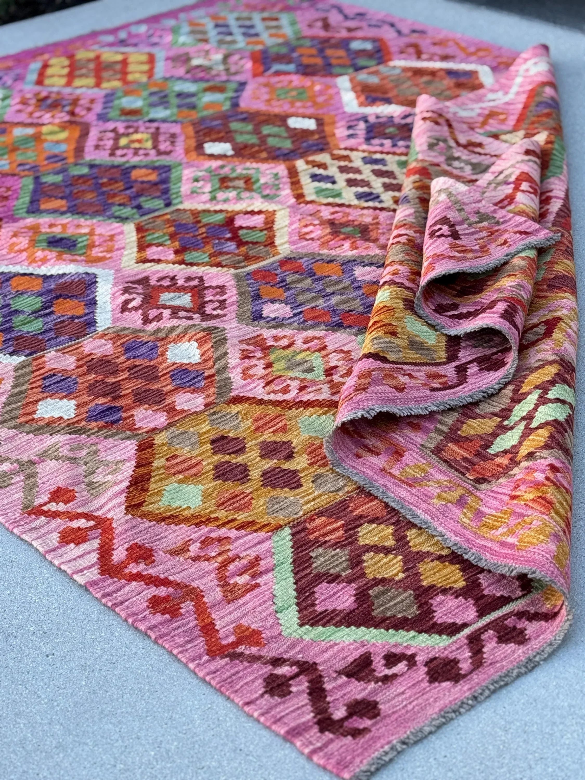 6x8 (182x243) Handmade Afghan Kilim Rug | Pink Fuchsia Rose Blush Red Forest Mint Green Burgundy Maroon Purple Blue Orange Beige Denim Wool