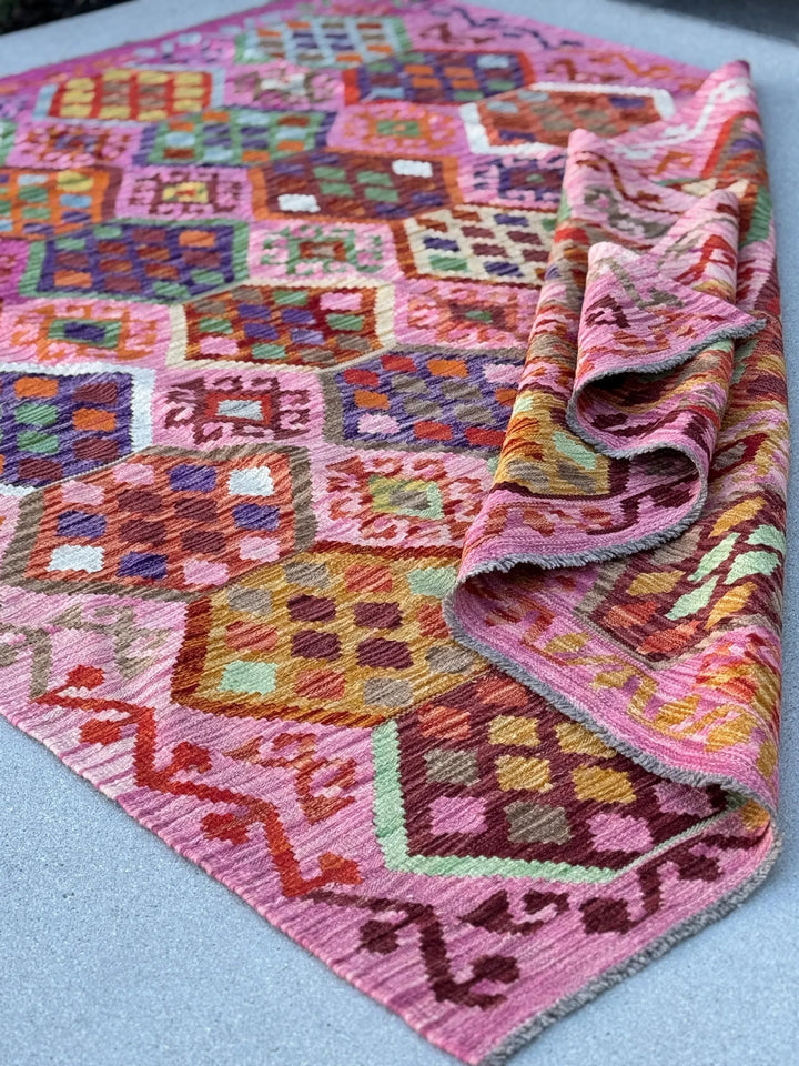 6x8 (182x243) Handmade Afghan Kilim Rug | Pink Fuchsia Rose Blush Red Forest Mint Green Burgundy Maroon Purple Blue Orange Beige Denim Wool