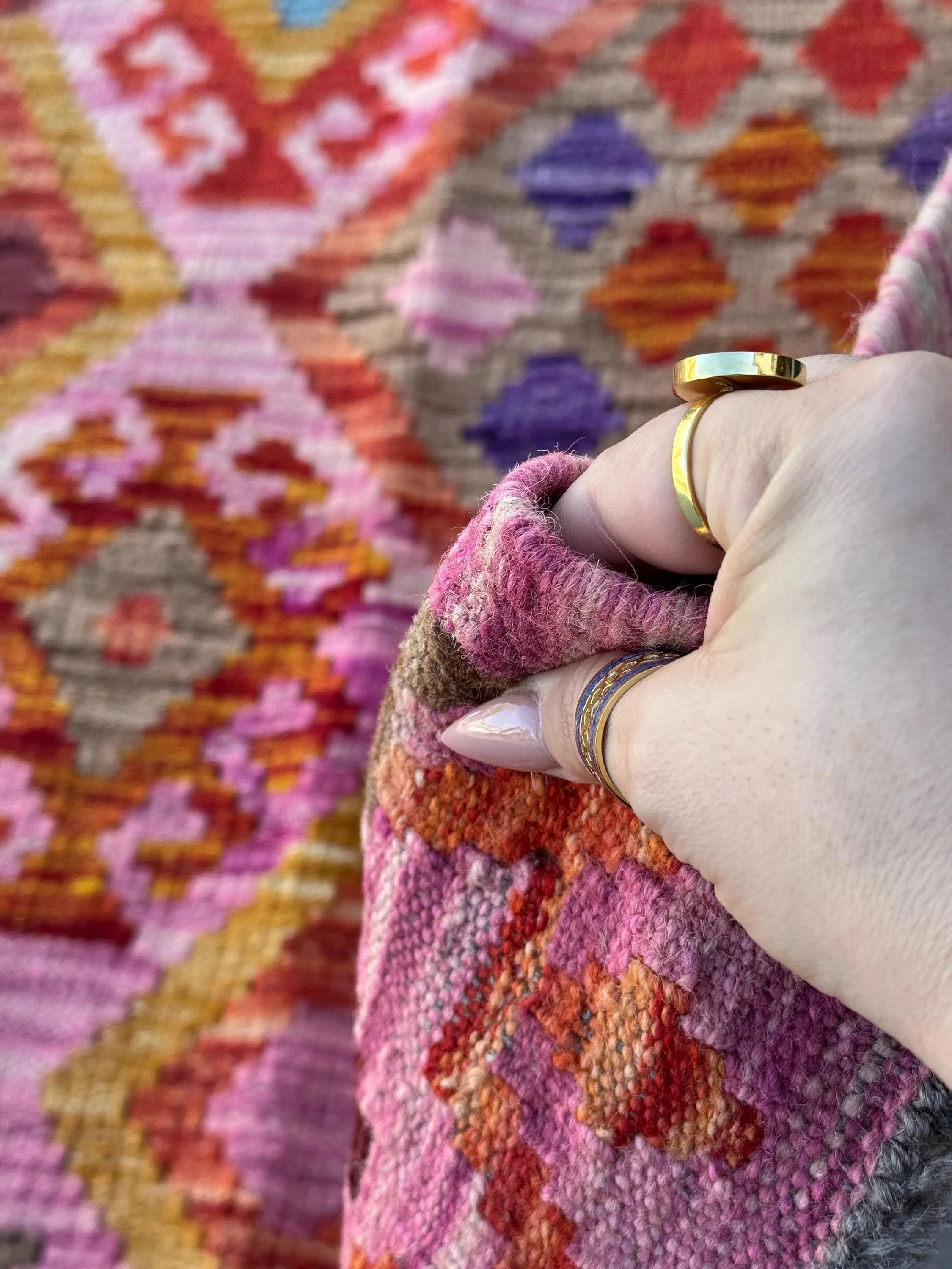6x8 (182x243) Handmade Afghan Kilim Rug | Pink Fuchsia Rose Blush Red Forest Mint Green Burgundy Maroon Purple Blue Orange Beige Denim Wool