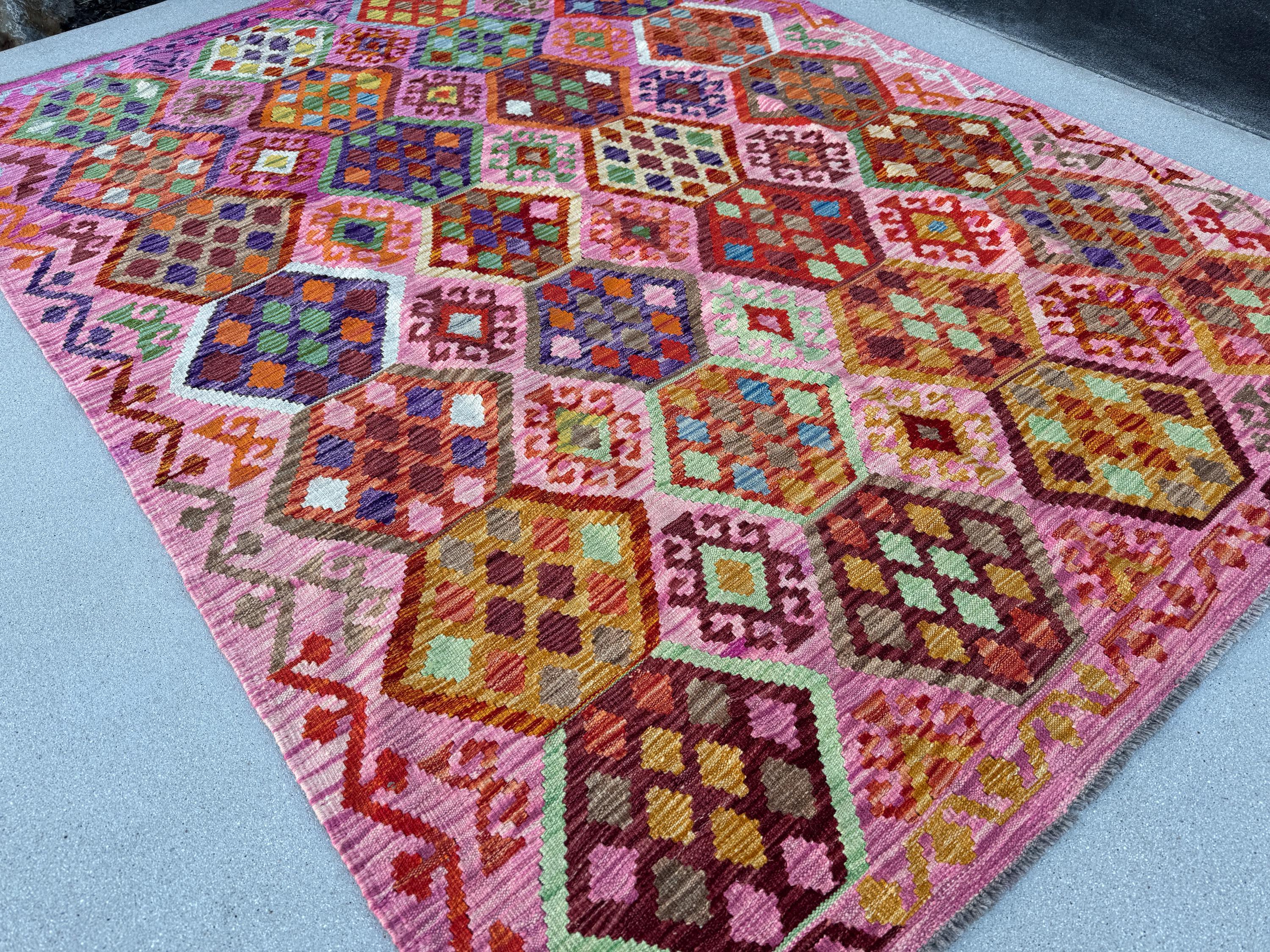 6x8 (182x243) Handmade Afghan Kilim Rug | Pink Fuchsia Rose Blush Red Forest Mint Green Burgundy Maroon Purple Blue Orange Beige Denim Wool