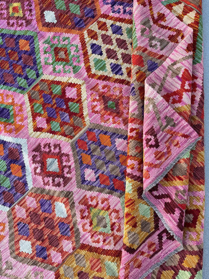 6x8 (182x243) Handmade Afghan Kilim Rug | Pink Fuchsia Rose Blush Red Forest Mint Green Burgundy Maroon Purple Blue Orange Beige Denim Wool