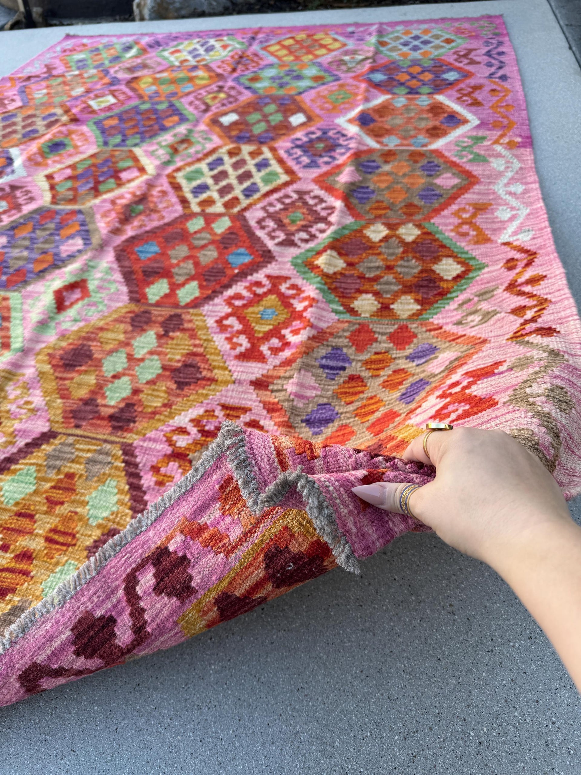 6x8 (182x243) Handmade Afghan Kilim Rug | Pink Fuchsia Rose Blush Red Forest Mint Green Burgundy Maroon Purple Blue Orange Beige Denim Wool