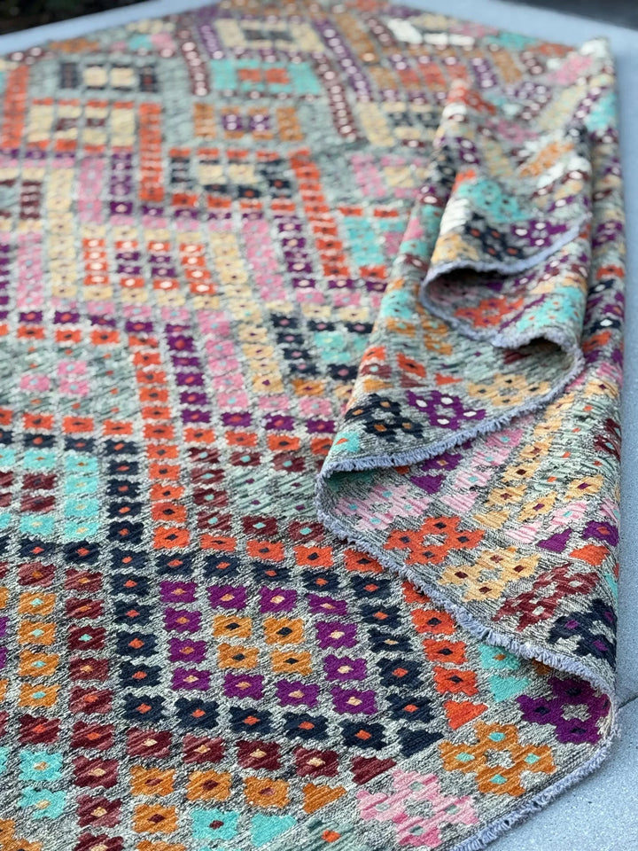 8x10 (243x304) Handmade Afghan Kilim Rug | Grey Purple Orange Peach Burnt Maroon Black Teal Aqua Blue Baby Pink White | Wool Flatweave