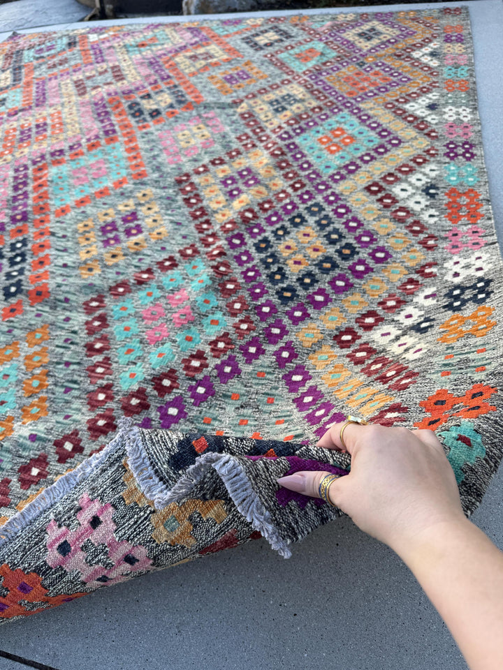8x10 (243x304) Handmade Afghan Kilim Rug | Grey Purple Orange Peach Burnt Maroon Black Teal Aqua Blue Baby Pink White | Wool Flatweave