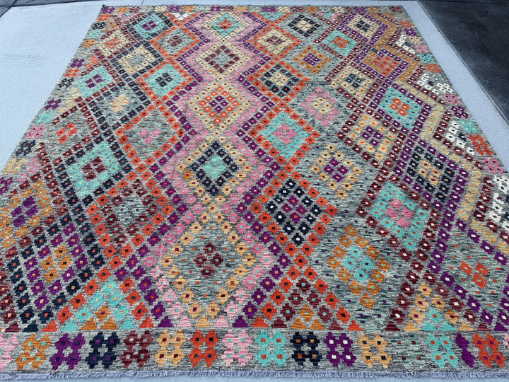 8x10 (243x304) Handmade Afghan Kilim Rug | Grey Purple Orange Peach Burnt Maroon Black Teal Aqua Blue Baby Pink White | Wool Flatweave