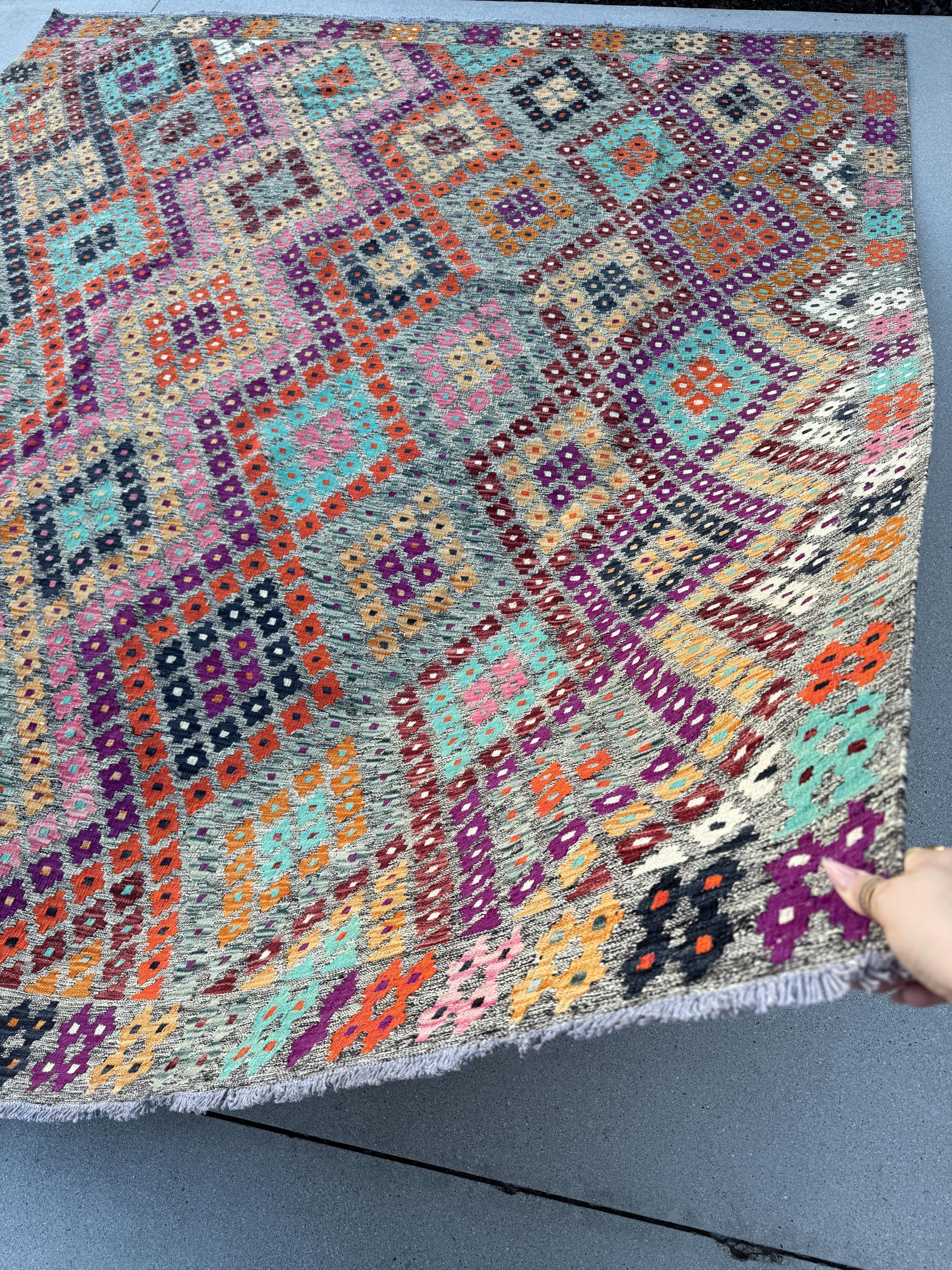 8x10 (243x304) Handmade Afghan Kilim Rug | Grey Purple Orange Peach Burnt Maroon Black Teal Aqua Blue Baby Pink White | Wool Flatweave