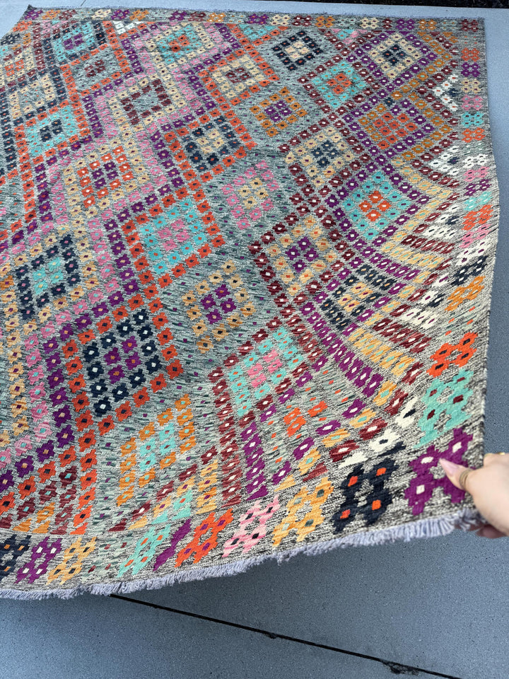 8x10 (243x304) Handmade Afghan Kilim Rug | Grey Purple Orange Peach Burnt Maroon Black Teal Aqua Blue Baby Pink White | Wool Flatweave