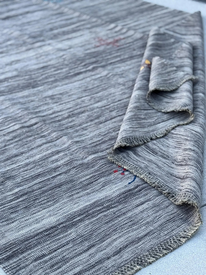 7x10 (213x304) Handmade Afghan Kilim Rug | Grey Gray Blush Rose Pink Red Burgundy Gold Yellow Blue | Wool Flatweave Floral Handwoven Accents