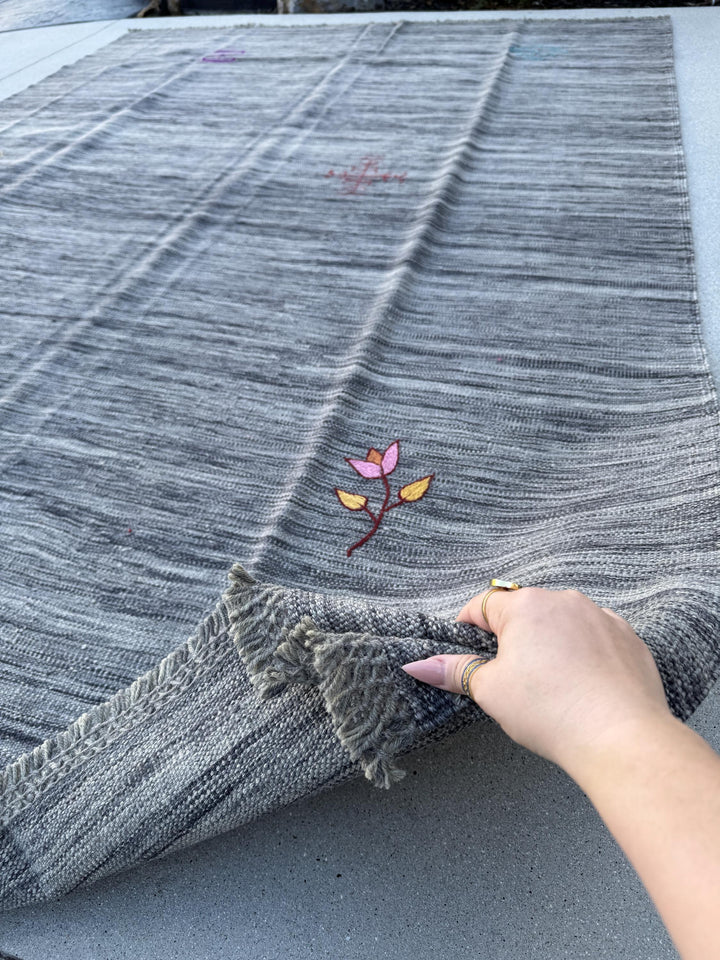 7x10 (213x304) Handmade Afghan Kilim Rug | Grey Gray Blush Rose Pink Red Burgundy Gold Yellow Blue | Wool Flatweave Floral Handwoven Accents