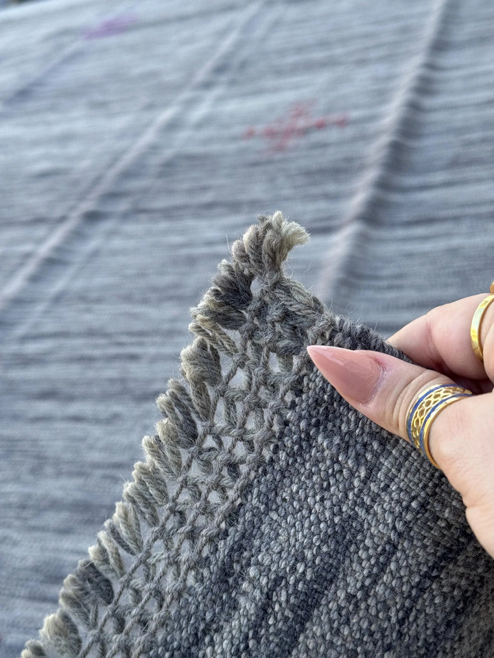 7x10 (213x304) Handmade Afghan Kilim Rug | Grey Gray Blush Rose Pink Red Burgundy Gold Yellow Blue | Wool Flatweave Floral Handwoven Accents