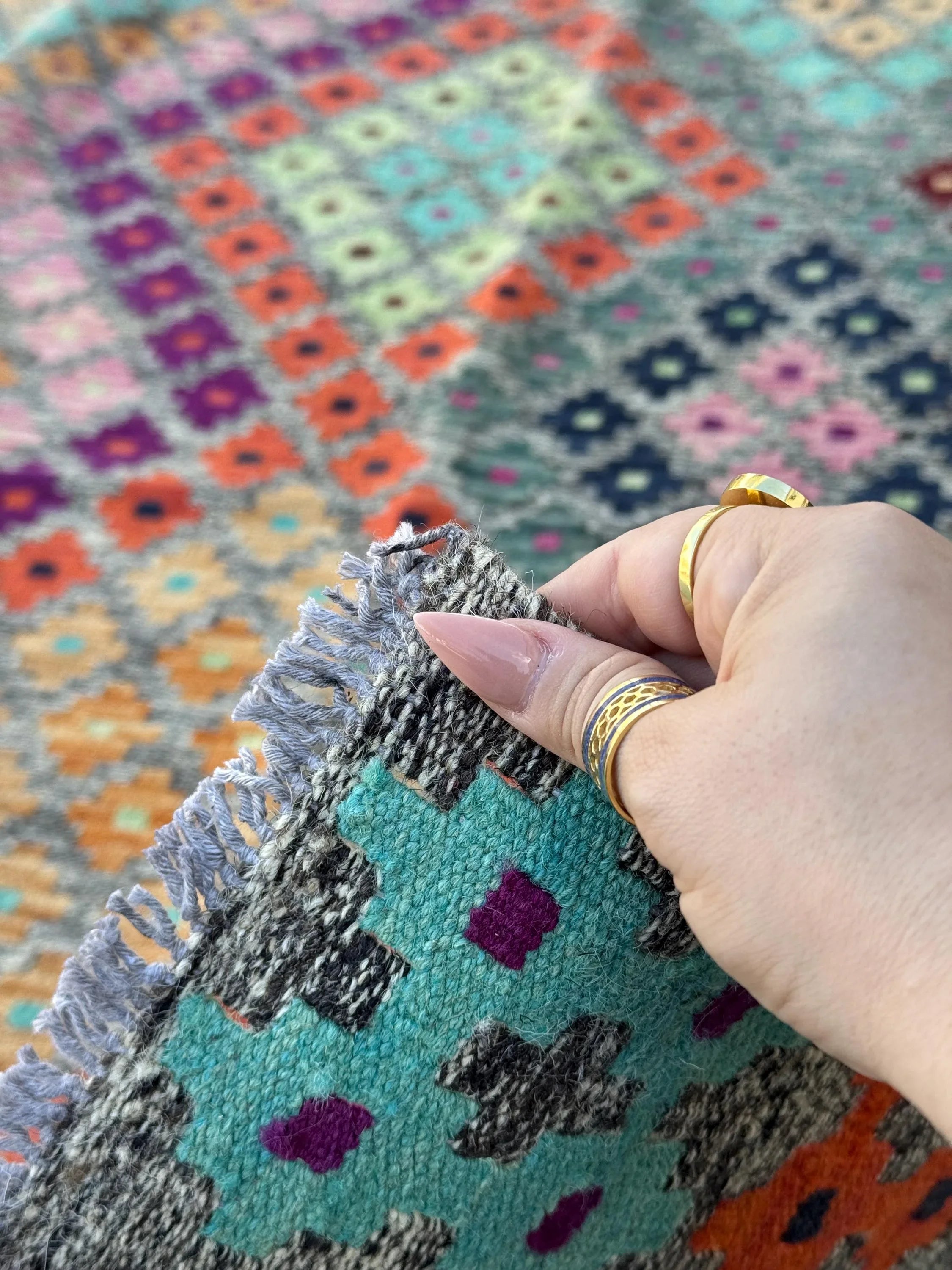 7x10 Handmade Afghan Kilim Rug | Grey Aqua Navy Midnight Blue Black Burgundy Red Fuchsia Baby Blush Pink White Saffron Peach Orange Mint
