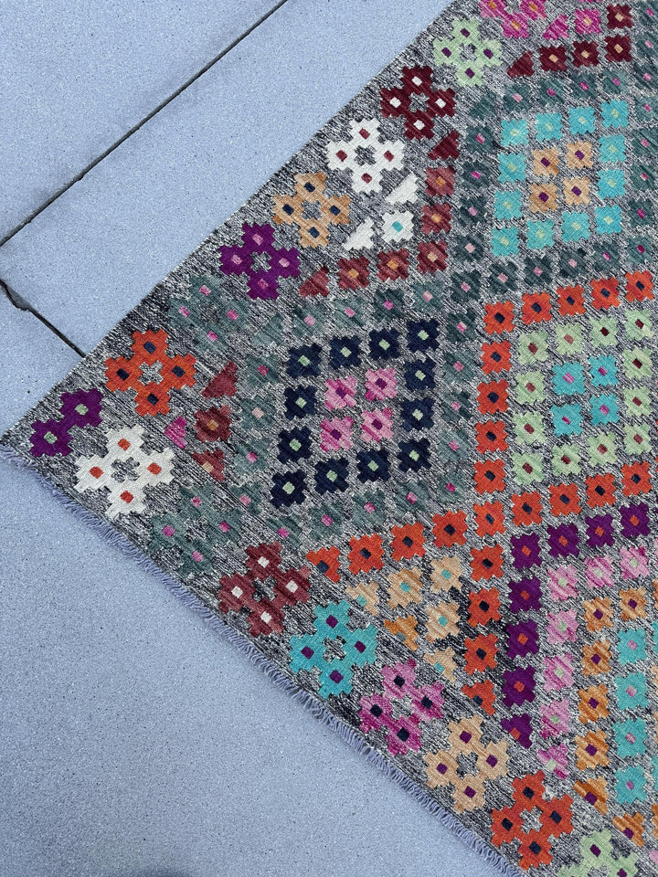 7x10 Handmade Afghan Kilim Rug | Grey Aqua Navy Midnight Blue Black Burgundy Red Fuchsia Baby Blush Pink White Saffron Peach Orange Mint