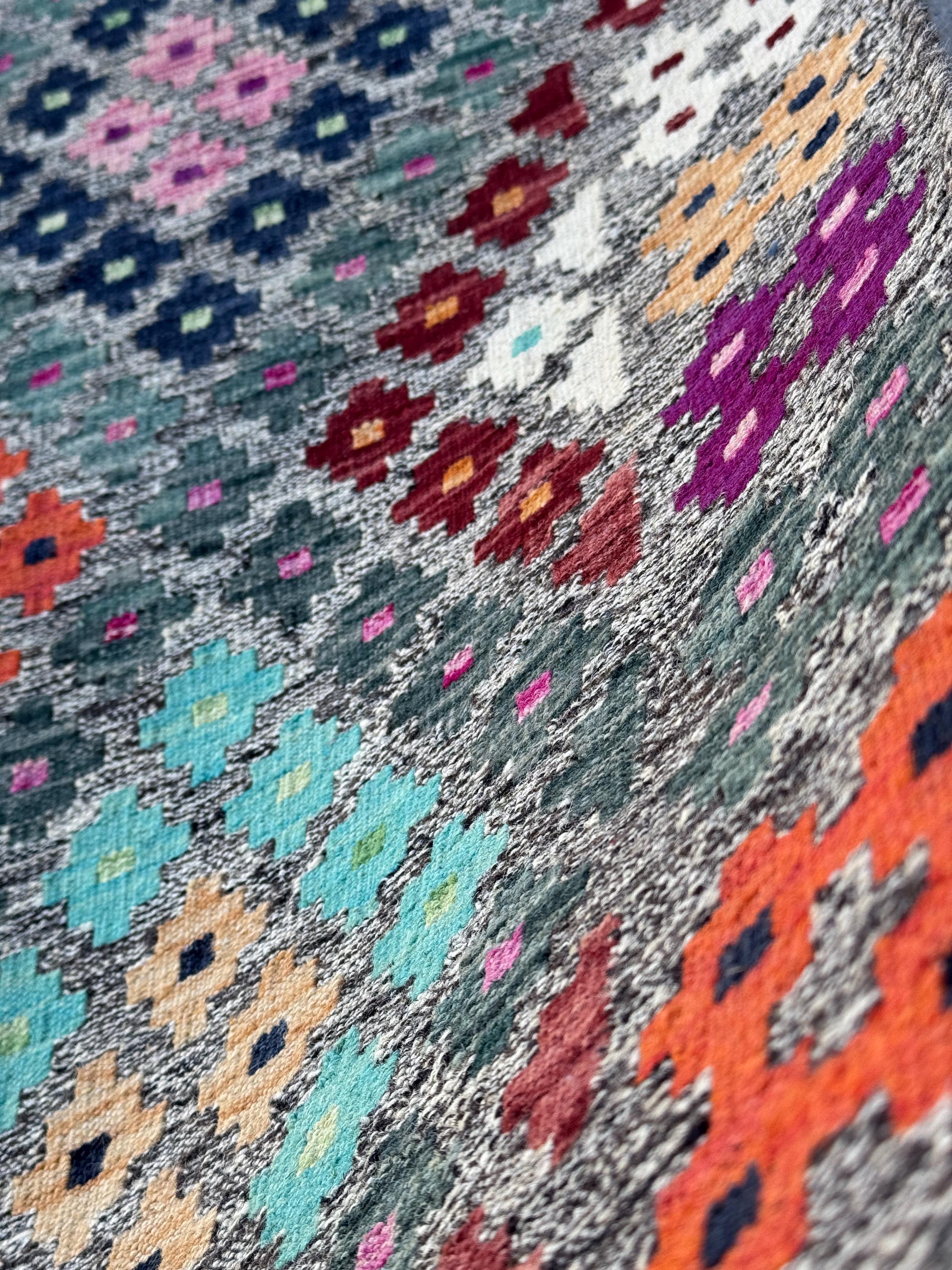 7x10 Handmade Afghan Kilim Rug | Grey Aqua Navy Midnight Blue Black Burgundy Red Fuchsia Baby Blush Pink White Saffron Peach Orange Mint