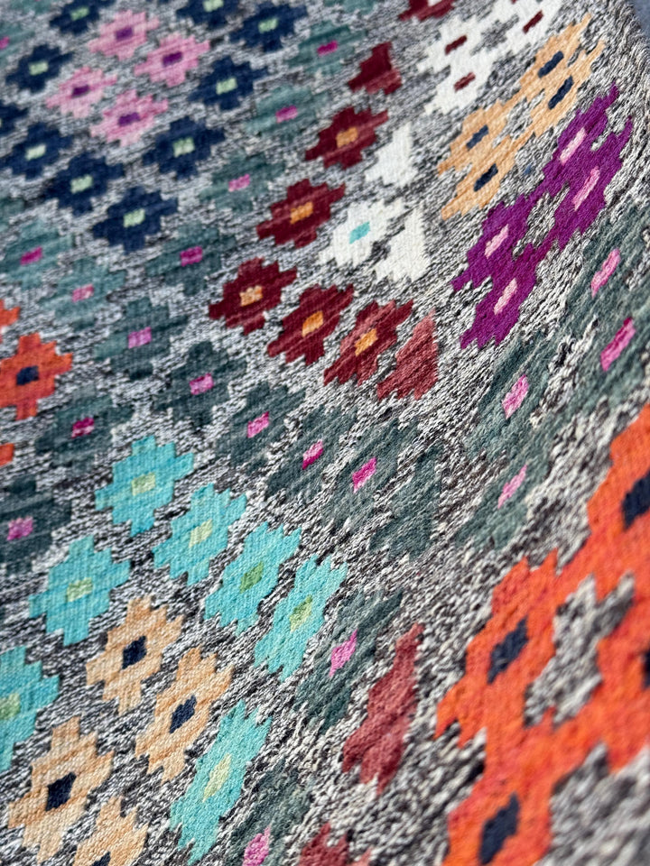 7x10 Handmade Afghan Kilim Rug | Grey Aqua Navy Midnight Blue Black Burgundy Red Fuchsia Baby Blush Pink White Saffron Peach Orange Mint