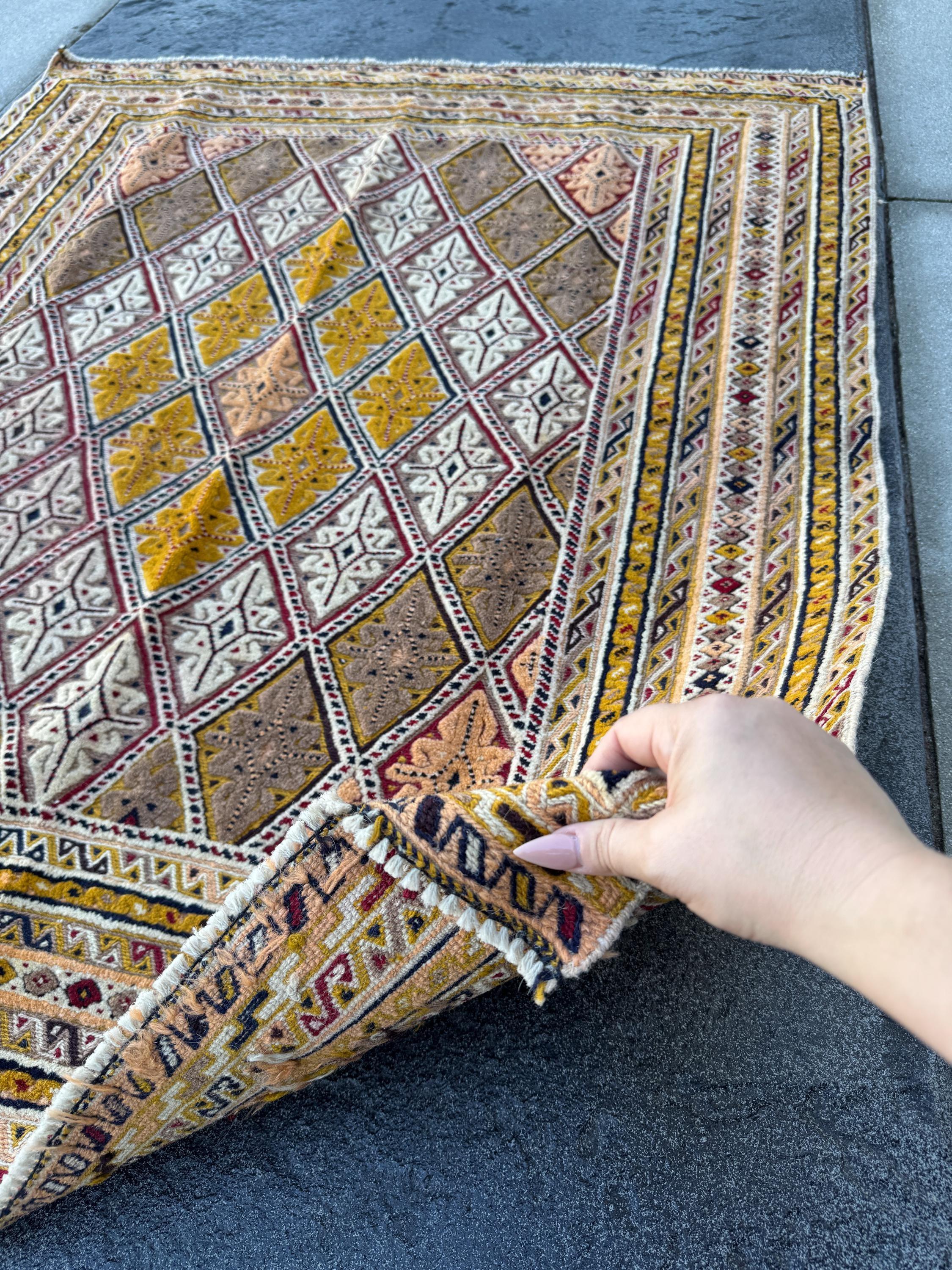 4x5 Handmade Afghan Barjasta Rug | Tan Peach Mustard Gold Orange Yellow Moss Olive Green Saffron Beige Taupe Burgundy Navy Midnight Blue