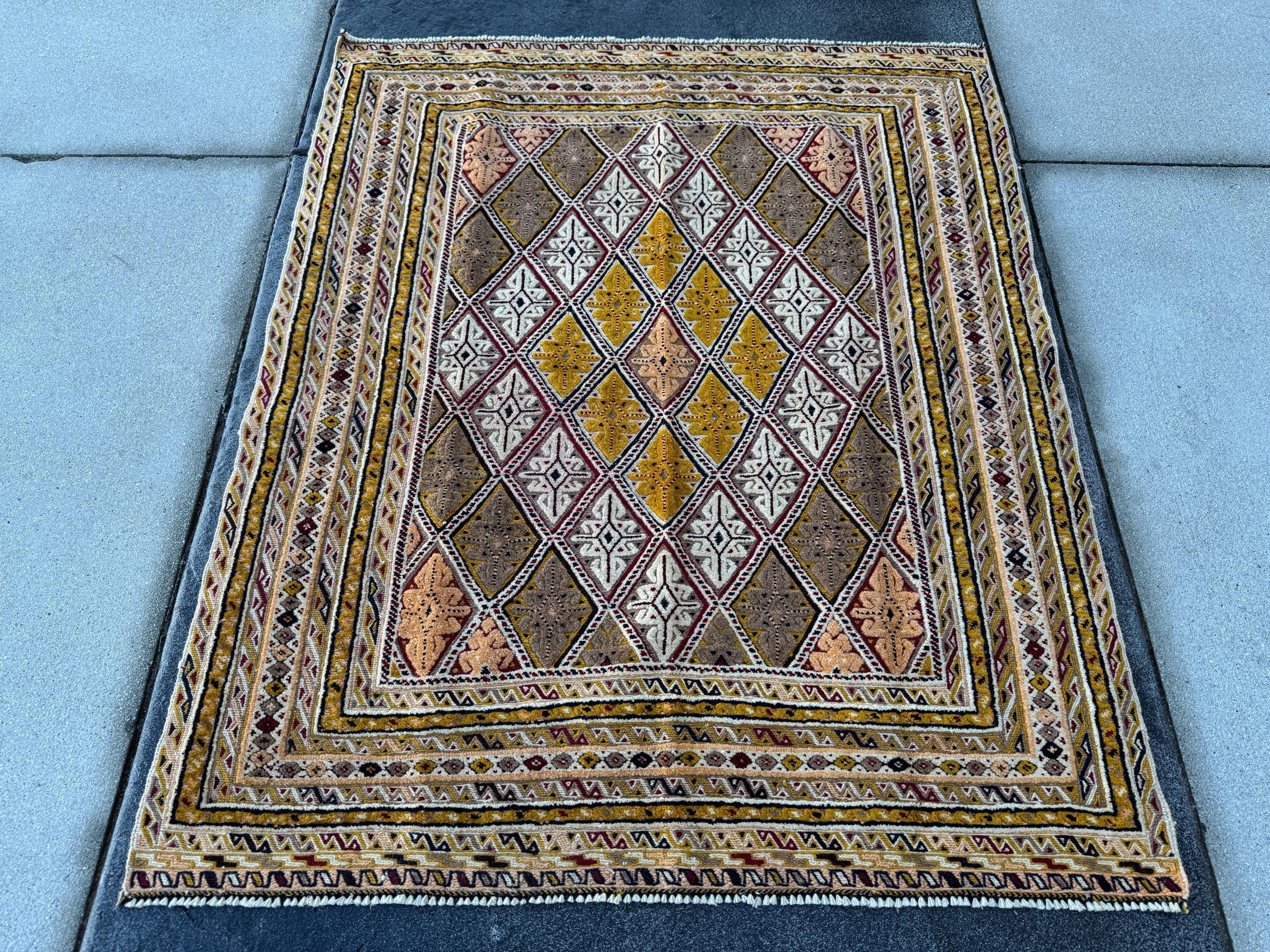 4x5 Handmade Afghan Barjasta Rug | Tan Peach Mustard Gold Orange Yellow Moss Olive Green Saffron Beige Taupe Burgundy Navy Midnight Blue