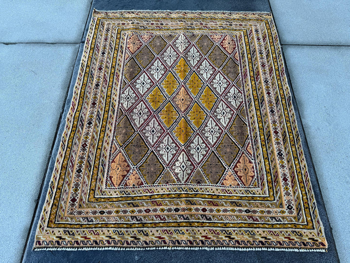 4x5 Handmade Afghan Barjasta Rug | Tan Peach Mustard Gold Orange Yellow Moss Olive Green Saffron Beige Taupe Burgundy Navy Midnight Blue