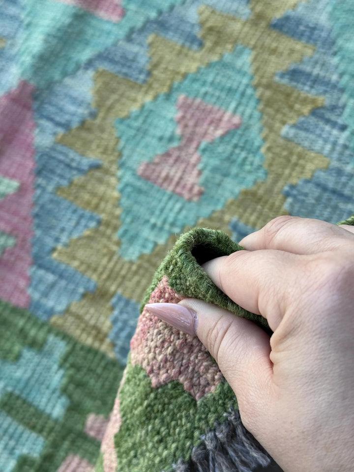 3x5 (91x152) Handmade Afghan Kilim Rug | Forest Moss Olive Green Teal Denim Baby Blue Baby Blush Pink Cream White | Wool Flataweave Modern
