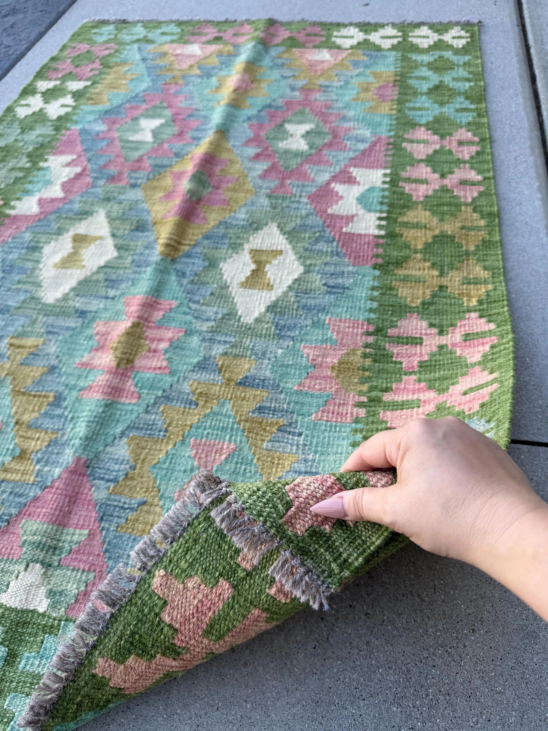 3x5 (91x152) Handmade Afghan Kilim Rug | Forest Moss Olive Green Teal Denim Baby Blue Baby Blush Pink Cream White | Wool Flataweave Modern
