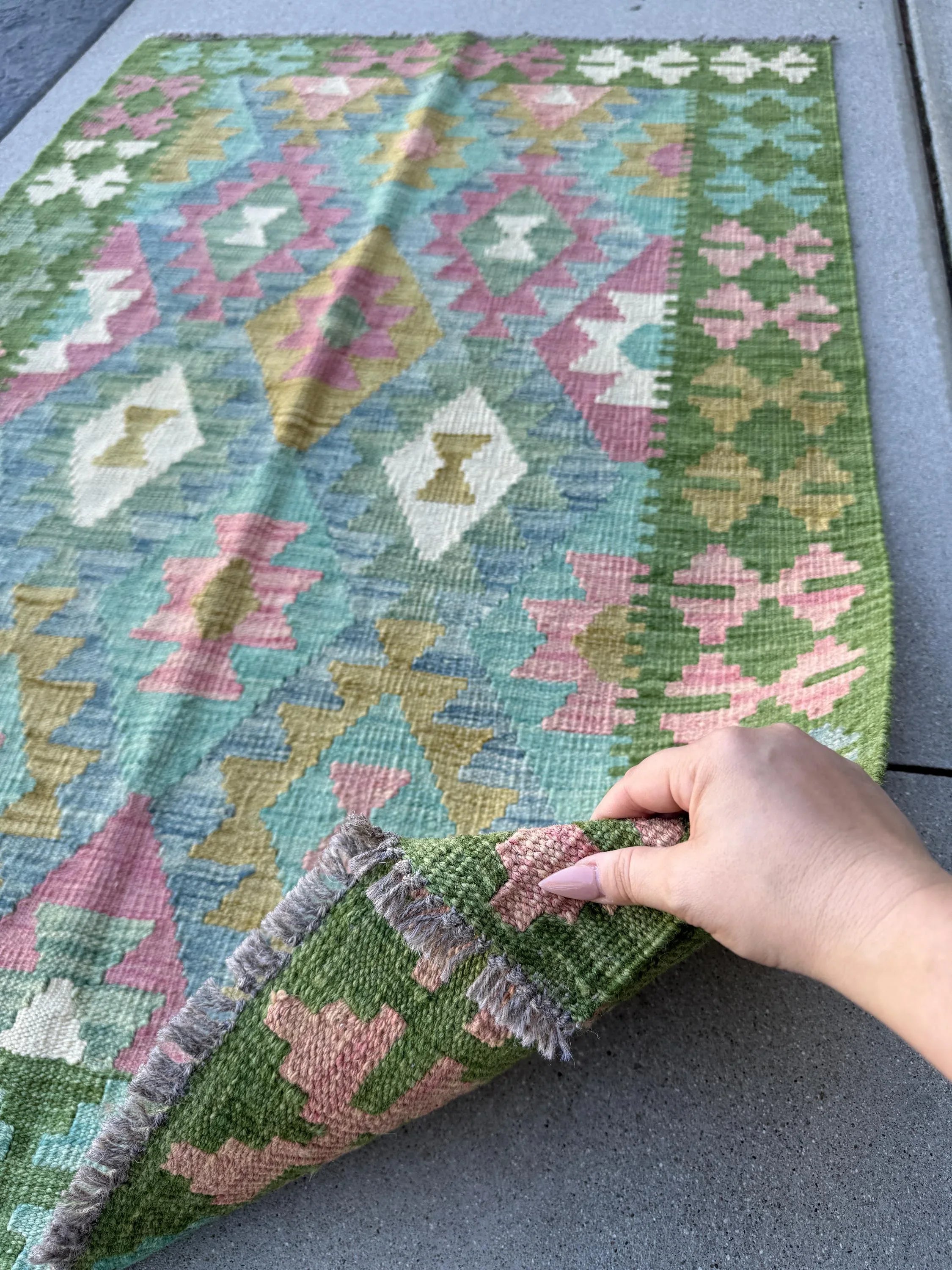 3x5 (91x152) Handmade Afghan Kilim Rug | Forest Moss Olive Green Teal Denim Baby Blue Baby Blush Pink Cream White | Wool Flataweave Modern