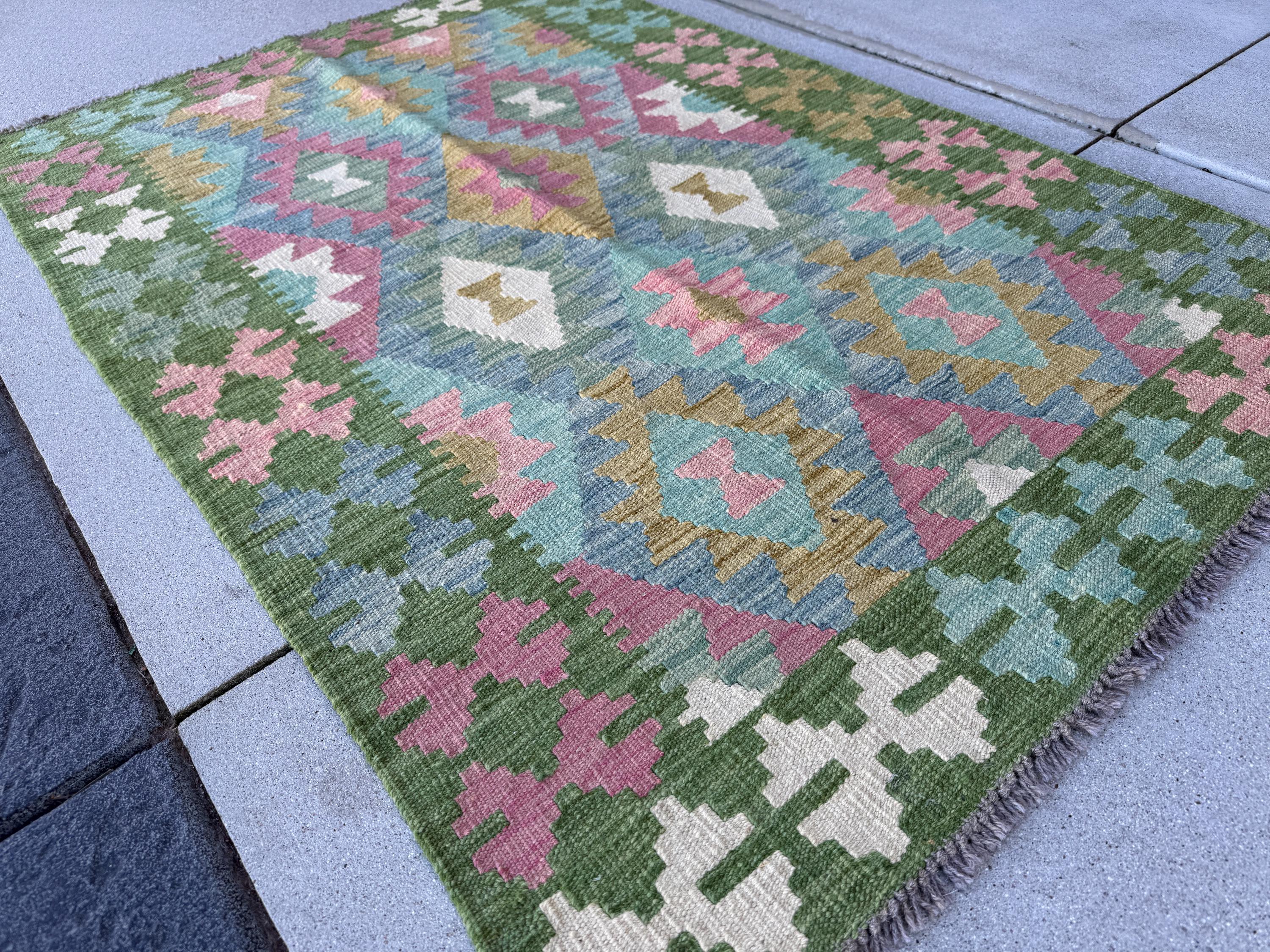 3x5 (91x152) Handmade Afghan Kilim Rug | Forest Moss Olive Green Teal Denim Baby Blue Baby Blush Pink Cream White | Wool Flataweave Modern