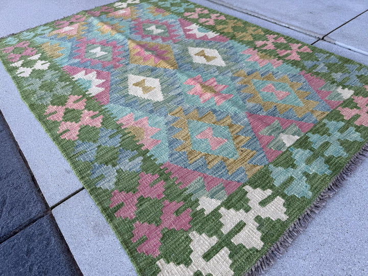 3x5 (91x152) Handmade Afghan Kilim Rug | Forest Moss Olive Green Teal Denim Baby Blue Baby Blush Pink Cream White | Wool Flataweave Modern