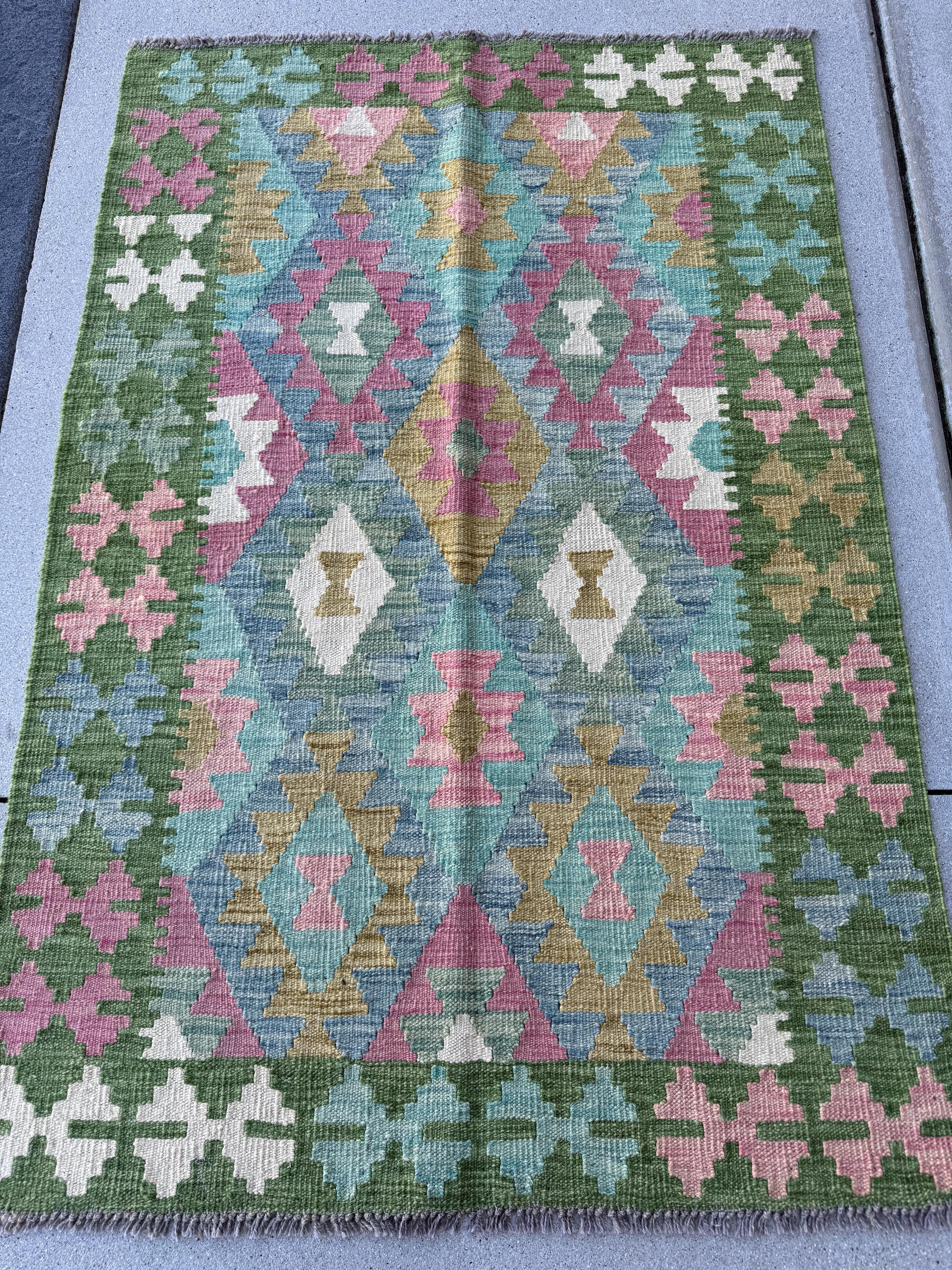 3x5 (91x152) Handmade Afghan Kilim Rug | Forest Moss Olive Green Teal Denim Baby Blue Baby Blush Pink Cream White | Wool Flataweave Modern
