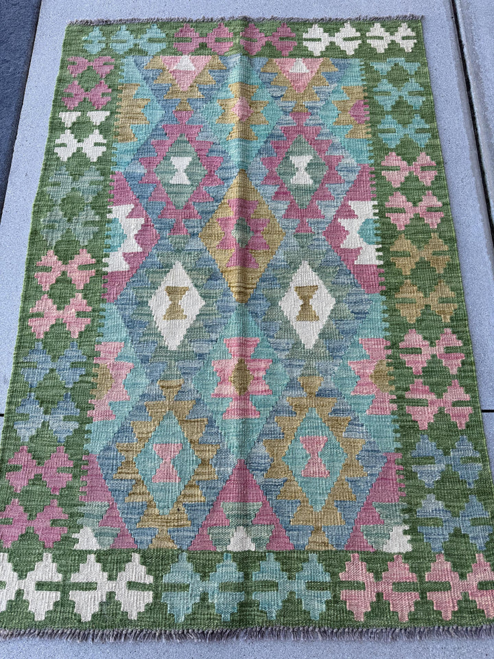 3x5 (91x152) Handmade Afghan Kilim Rug | Forest Moss Olive Green Teal Denim Baby Blue Baby Blush Pink Cream White | Wool Flataweave Modern