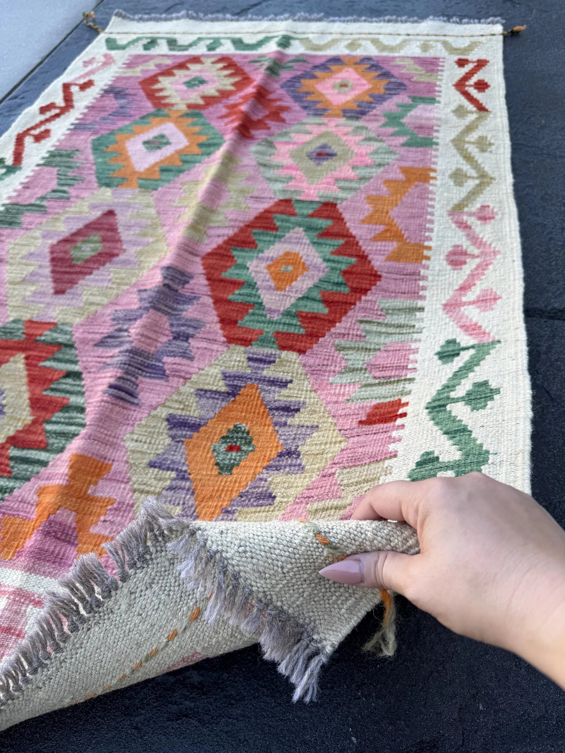 3x5 (91x152) Handmade Afghan Kilim Rug | Cream Blush Baby Rose Pink Forest Pine Sage Green Beige Sand Tan Teal Purple Orange Red | Wool