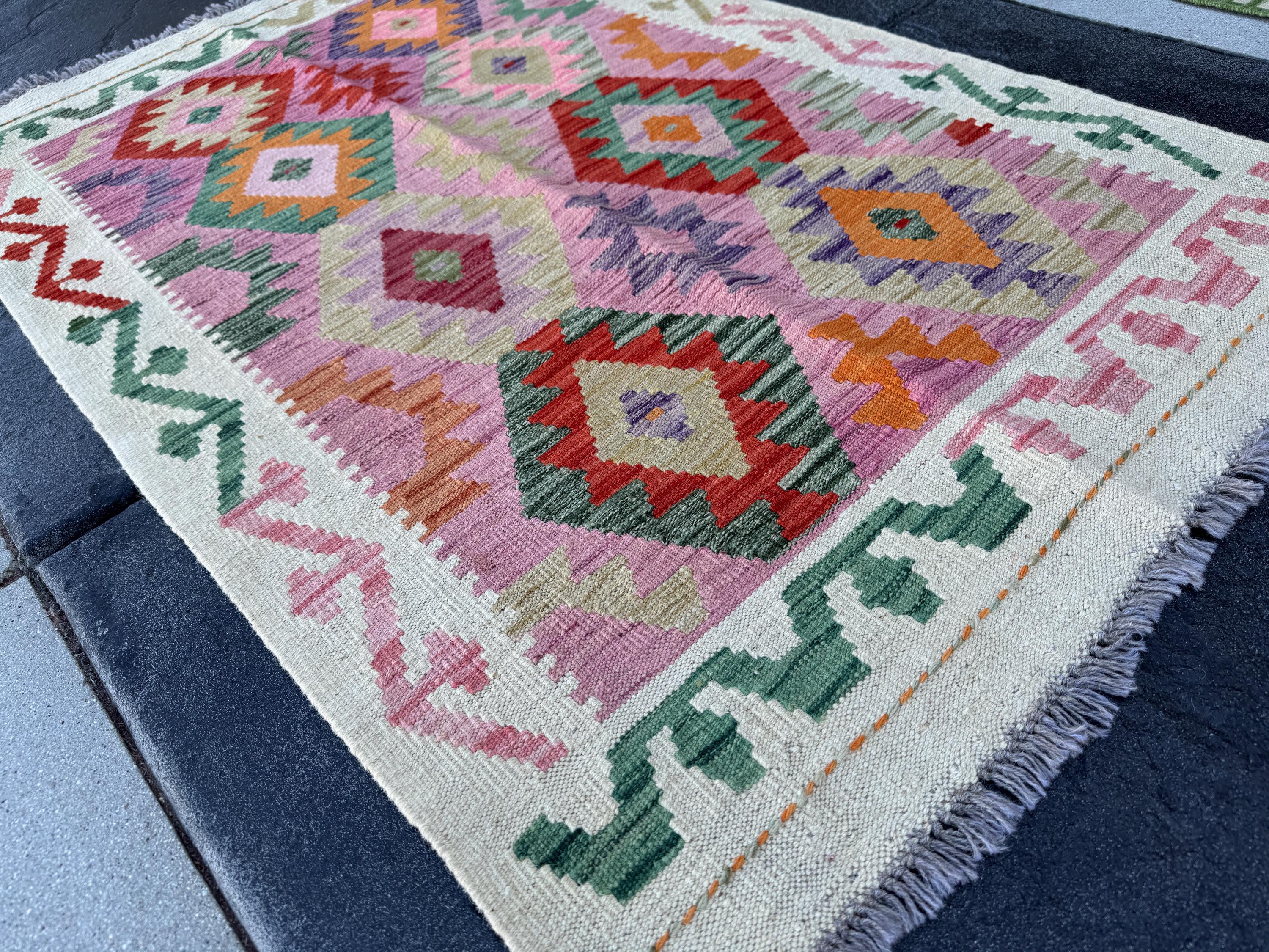 3x5 (91x152) Handmade Afghan Kilim Rug | Cream Blush Baby Rose Pink Forest Pine Sage Green Beige Sand Tan Teal Purple Orange Red | Wool