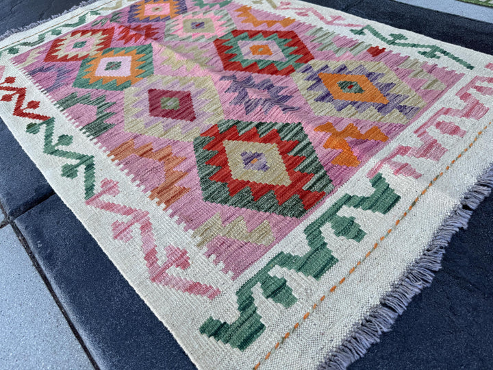 3x5 (91x152) Handmade Afghan Kilim Rug | Cream Blush Baby Rose Pink Forest Pine Sage Green Beige Sand Tan Teal Purple Orange Red | Wool