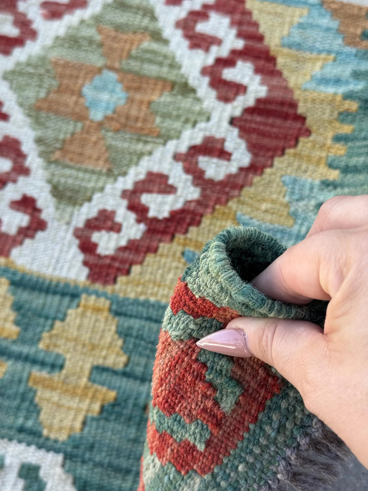 3x5 (91x152) Handmade Afghan Kilim Rug | Teal Forest Emerald Moss Olive Green Ruse Crimson Red Orange Saffron Denim Baby Blue Cream Ivory
