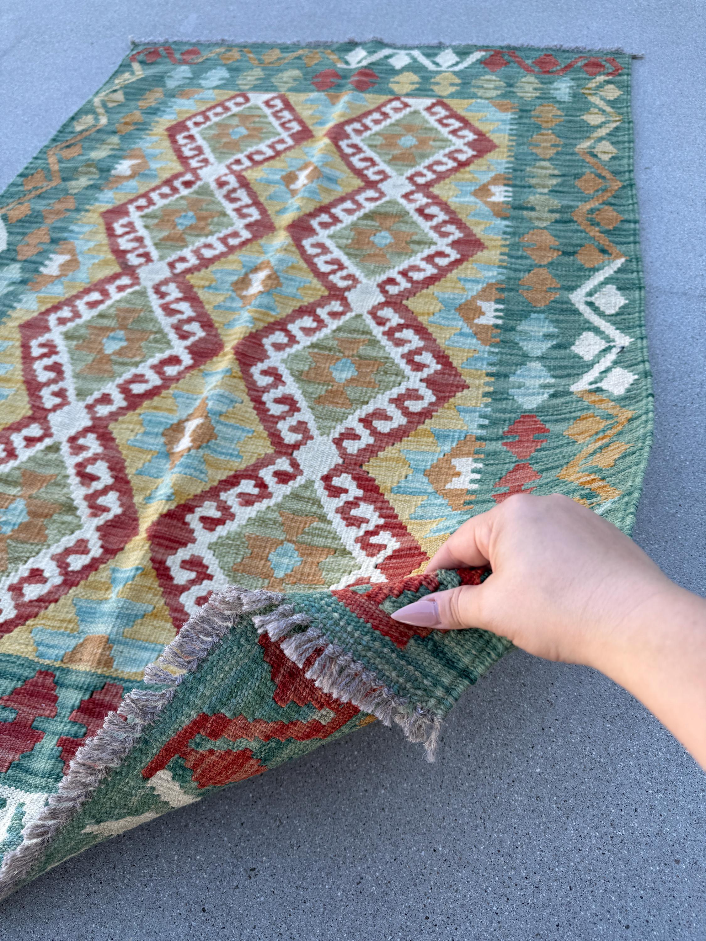 3x5 (91x152) Handmade Afghan Kilim Rug | Teal Forest Emerald Moss Olive Green Ruse Crimson Red Orange Saffron Denim Baby Blue Cream Ivory