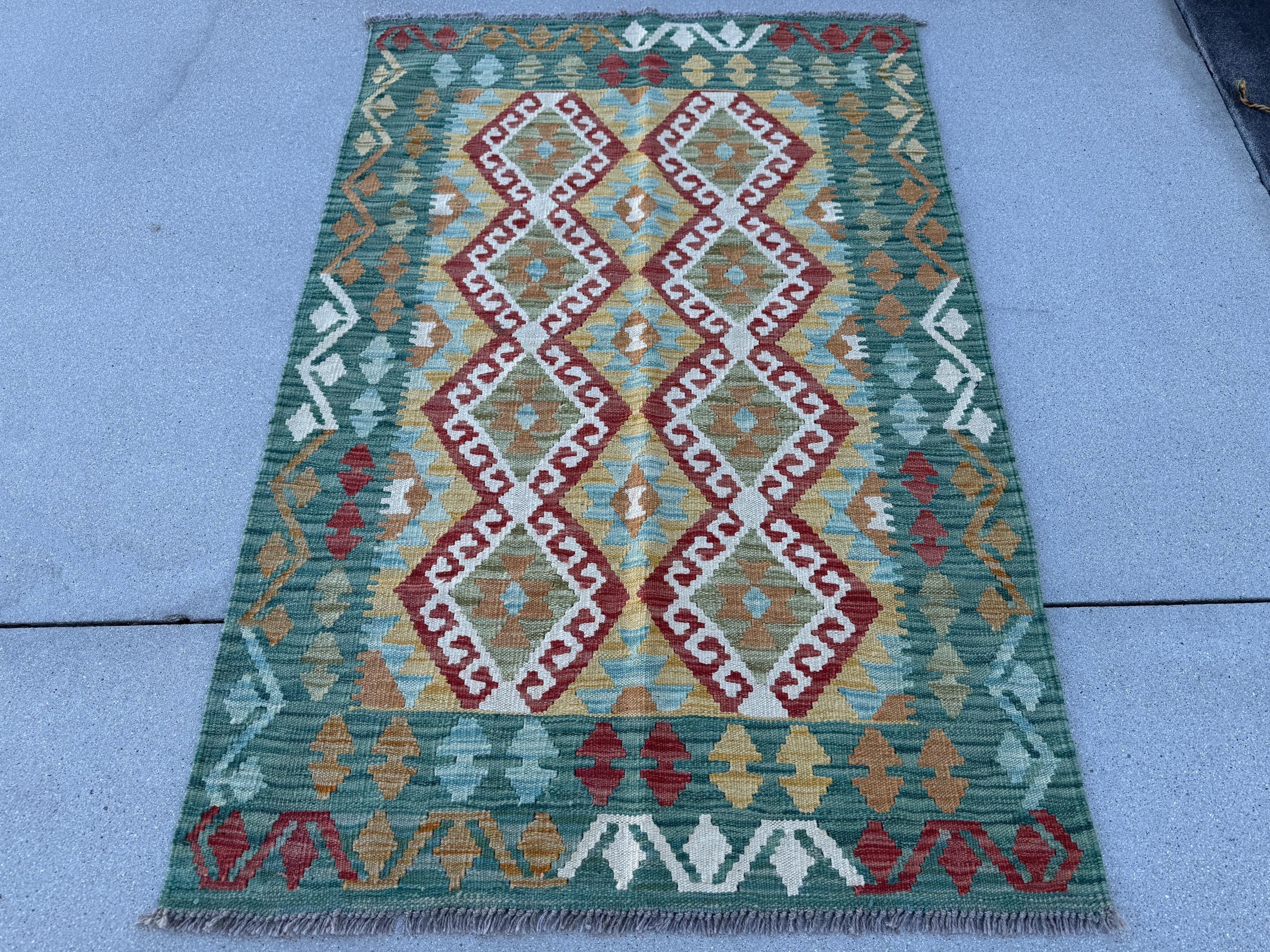 3x5 (91x152) Handmade Afghan Kilim Rug | Teal Forest Emerald Moss Olive Green Ruse Crimson Red Orange Saffron Denim Baby Blue Cream Ivory