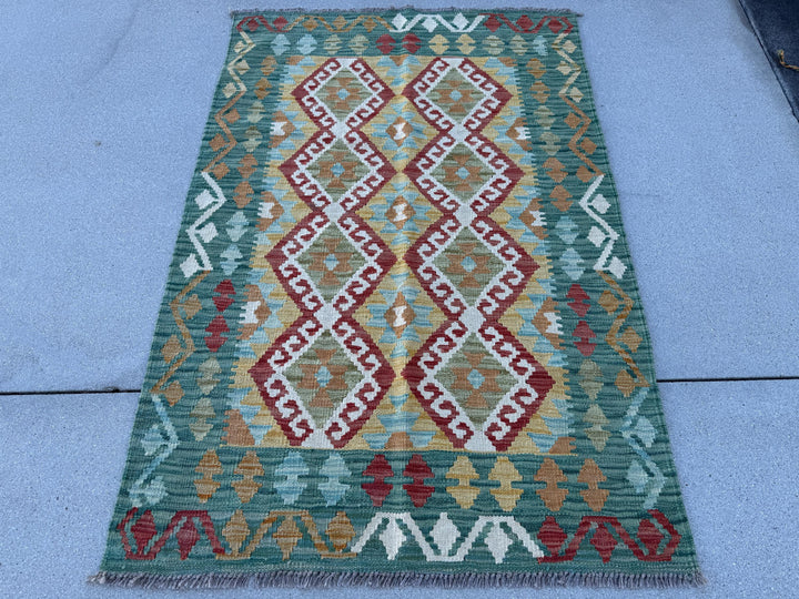3x5 (91x152) Handmade Afghan Kilim Rug | Teal Forest Emerald Moss Olive Green Ruse Crimson Red Orange Saffron Denim Baby Blue Cream Ivory