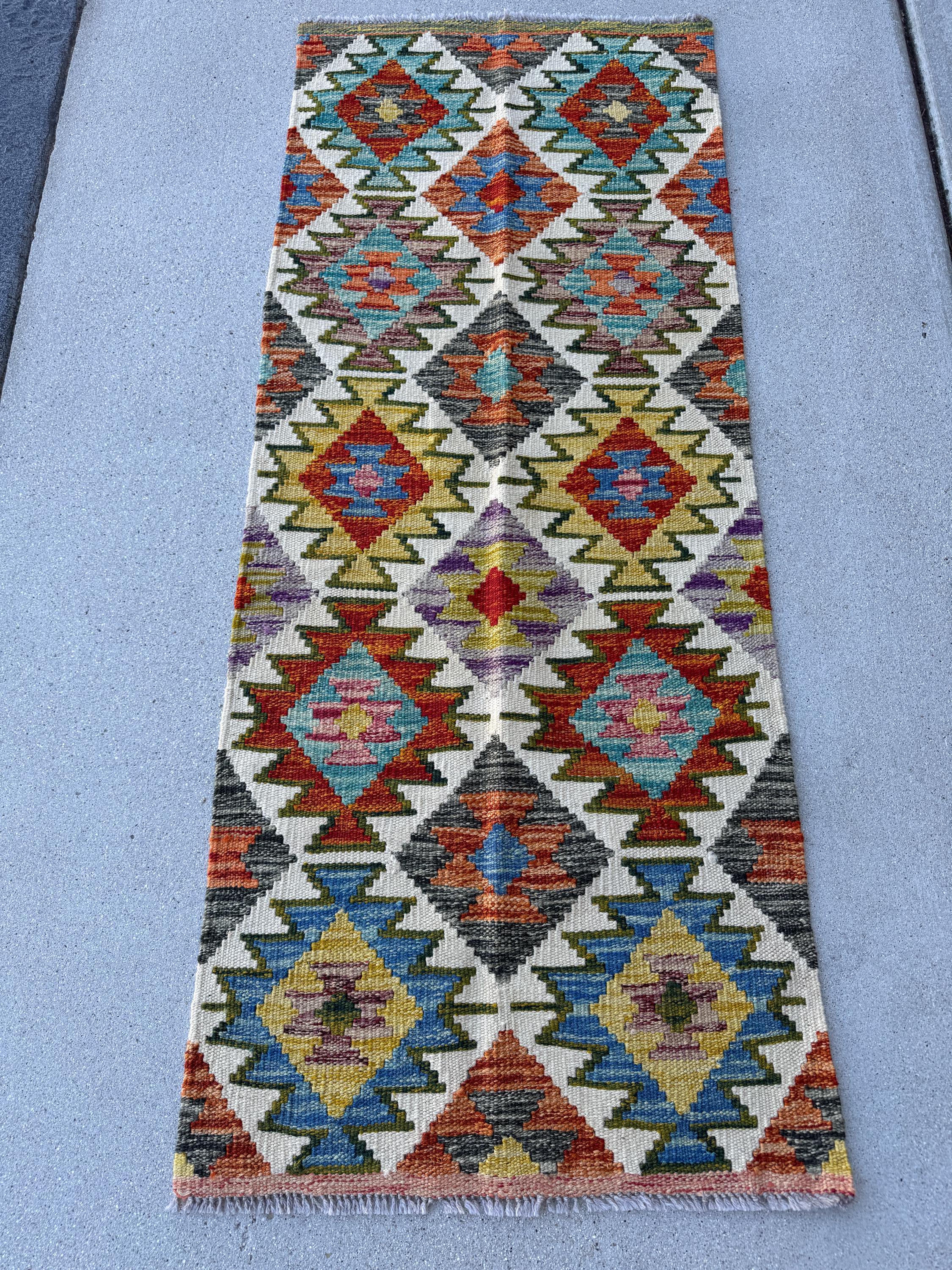 2x5 Handmade Afghan Kilim Runner Rug | Cream Burnt Orange Grey Olive Moss Green Mustard Yellow Royal Denim Blue Purple Pink Red White Black