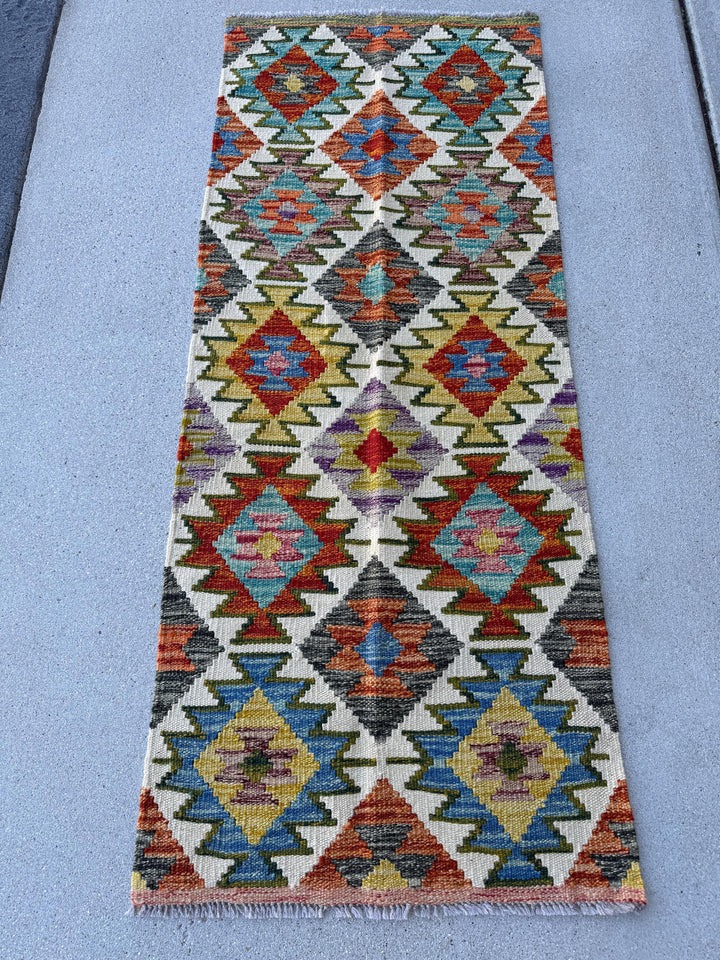 2x5 Handmade Afghan Kilim Runner Rug | Cream Burnt Orange Grey Olive Moss Green Mustard Yellow Royal Denim Blue Purple Pink Red White Black