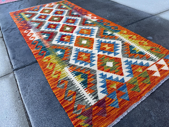 2x5 Handmade Afghan Kilim Runner Rug | Orange Royal Denim Prussian Blue Olive Moss Pine Green Purple White Ivory Cream Blood Red Grey Black