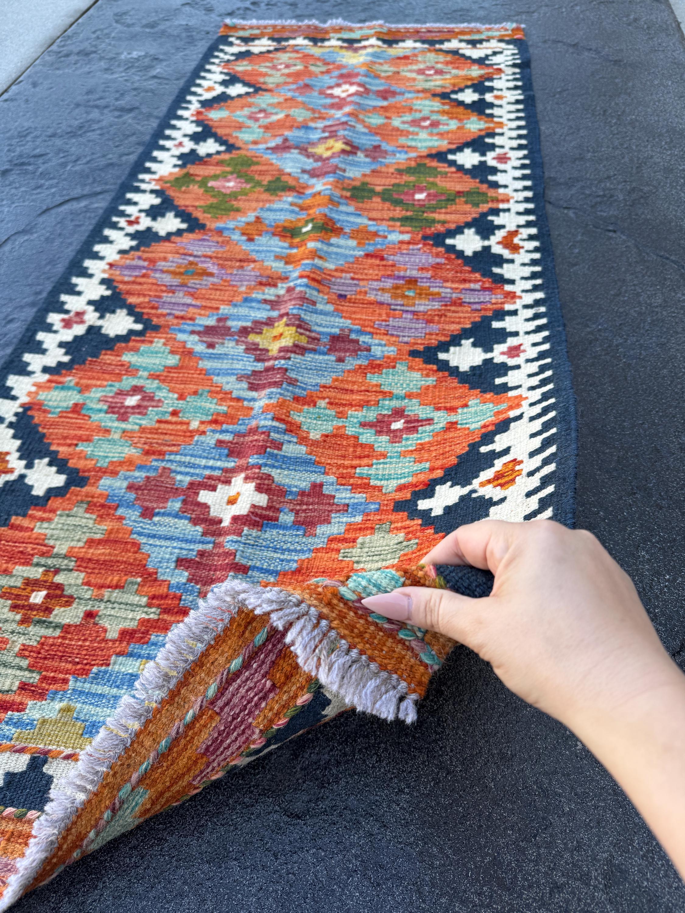 2x5 Handmade Afghan Kilim Runner Rug | Orange Burnt Forest Sage Olive Green Navy Midnight Denim Aqua Blue Red Mustard Purple | Wool