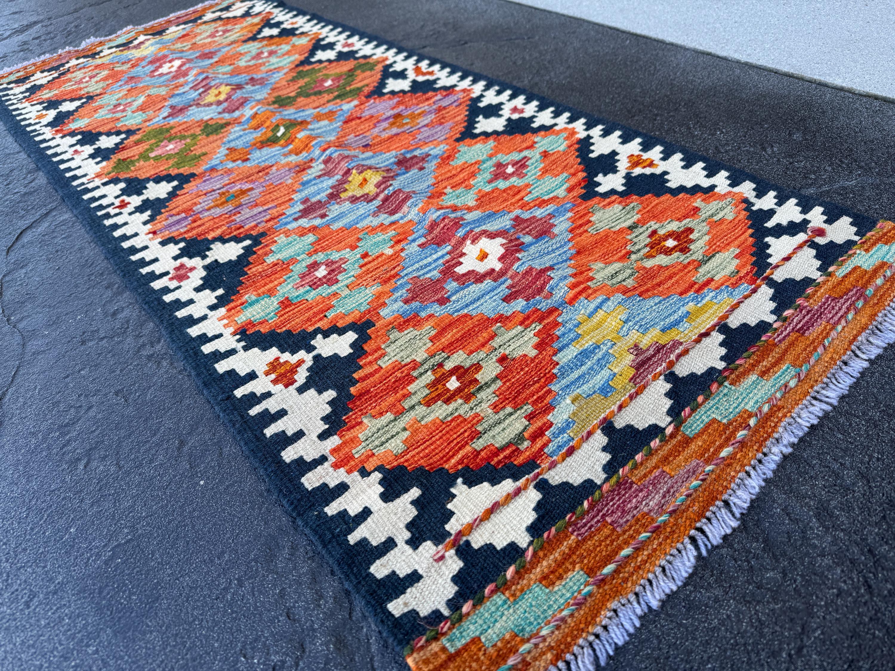 2x5 Handmade Afghan Kilim Runner Rug | Orange Burnt Forest Sage Olive Green Navy Midnight Denim Aqua Blue Red Mustard Purple | Wool