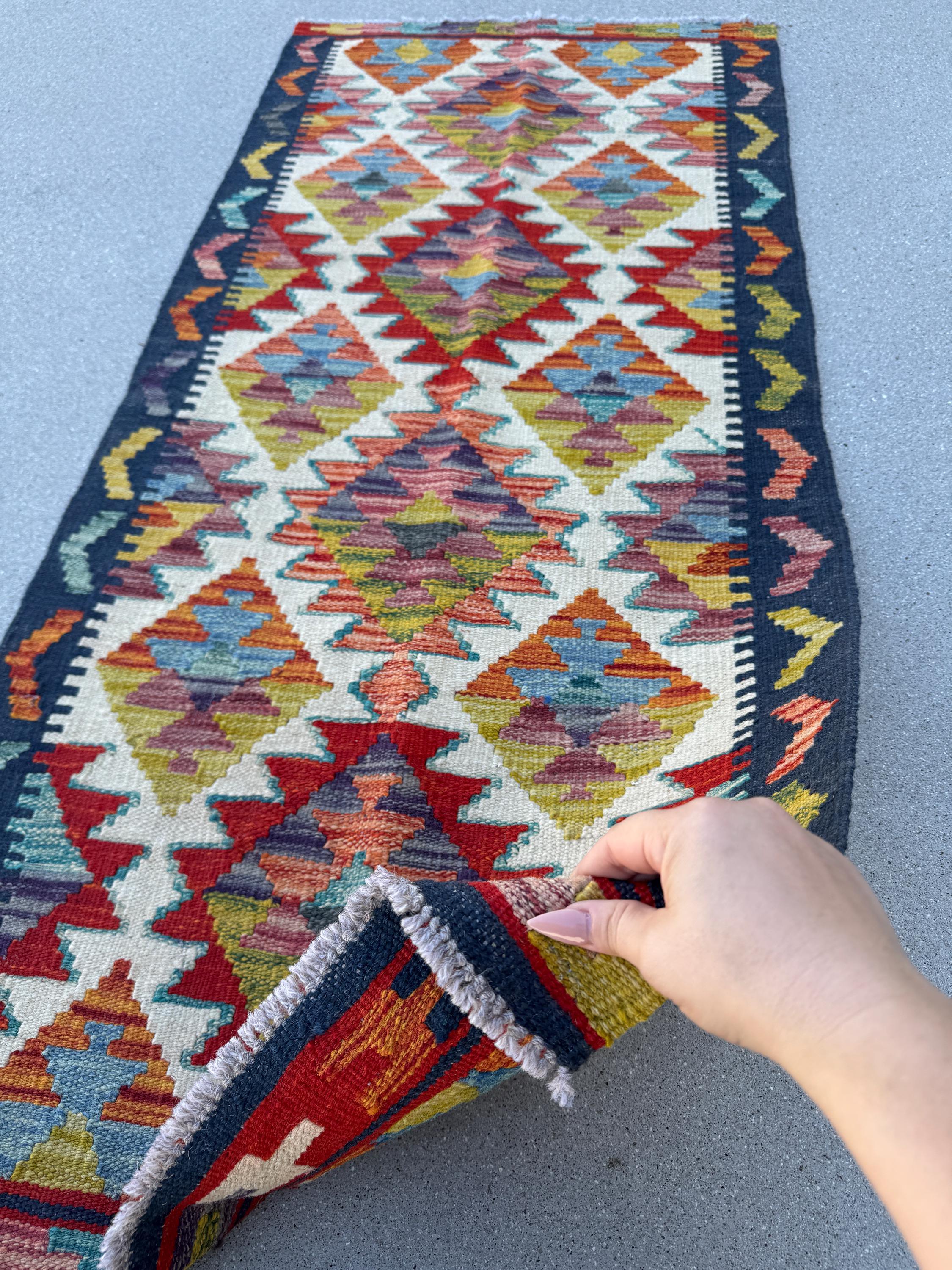 2x5 Handmade Afghan Kilim Runner Rug | Midnight Navy Denim Blue Purple Crimson Brick Red Orange Olive Moss Green White Cream Ivory | Wool