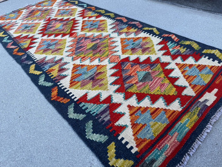 2x5 Handmade Afghan Kilim Runner Rug | Midnight Navy Denim Blue Purple Crimson Brick Red Orange Olive Moss Green White Cream Ivory | Wool