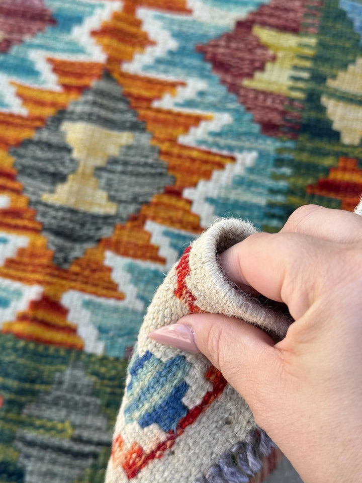 2x5 Handmade Afghan Kilim Runner Rug | Forest Pine Emerald Olive Green Denim Aqua Blue Burnt Orange Saffron Yellow Purple White Cream | Wool