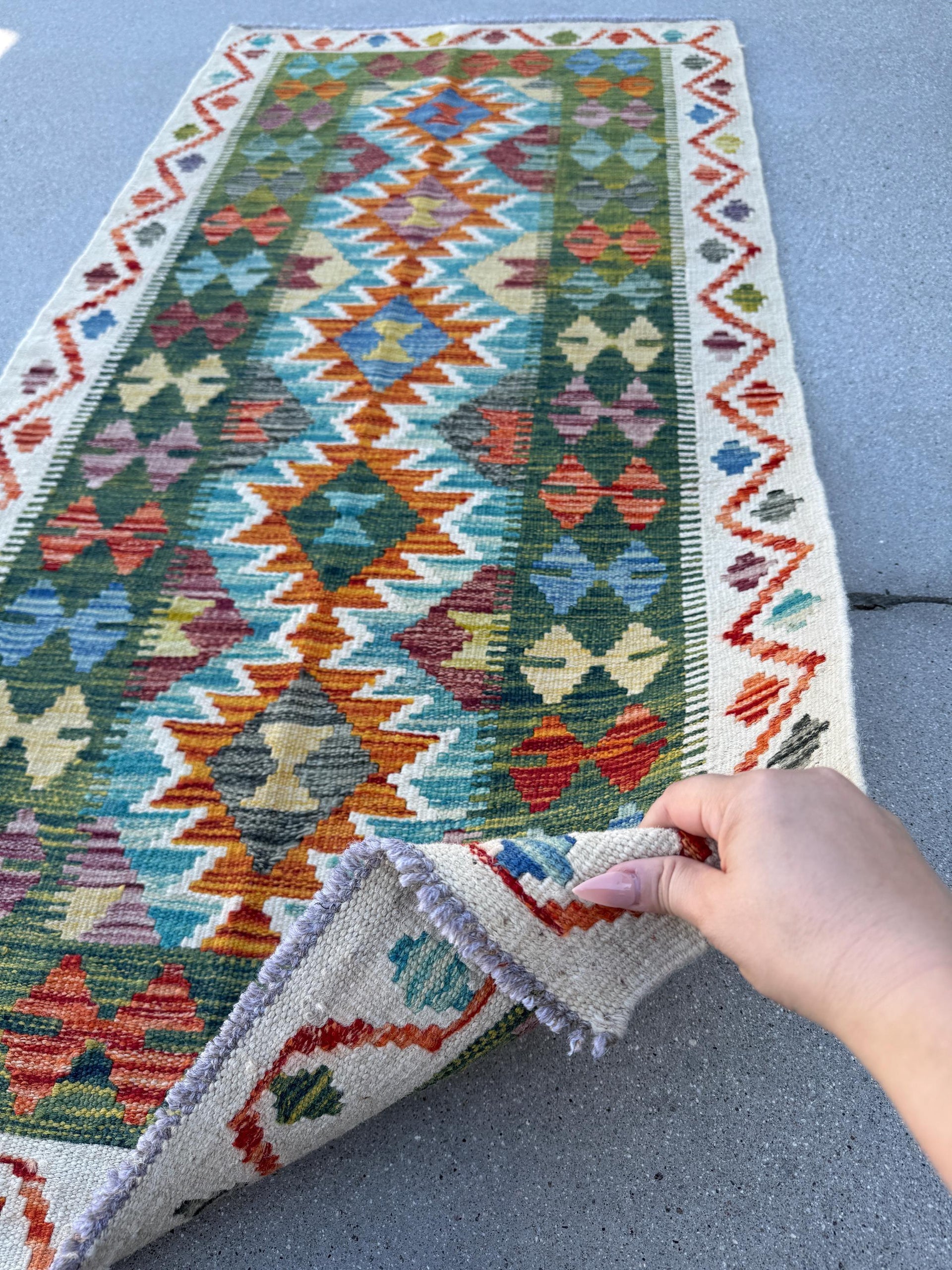 2x5 Handmade Afghan Kilim Runner Rug | Forest Pine Emerald Olive Green Denim Aqua Blue Burnt Orange Saffron Yellow Purple White Cream | Wool