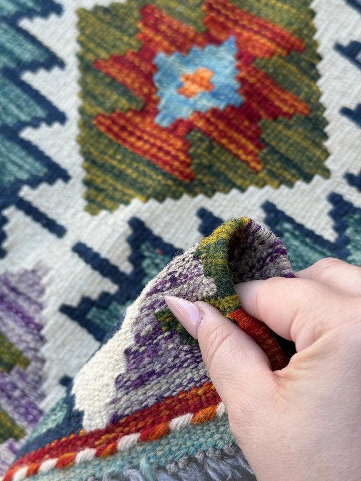 2x5 Handmade Afghan Kilim Runner Rug | Cream Purple Lavender Brick Red Burnt Orange Mustard Yellow Olive Moss Forest Green Teal Navy Blue