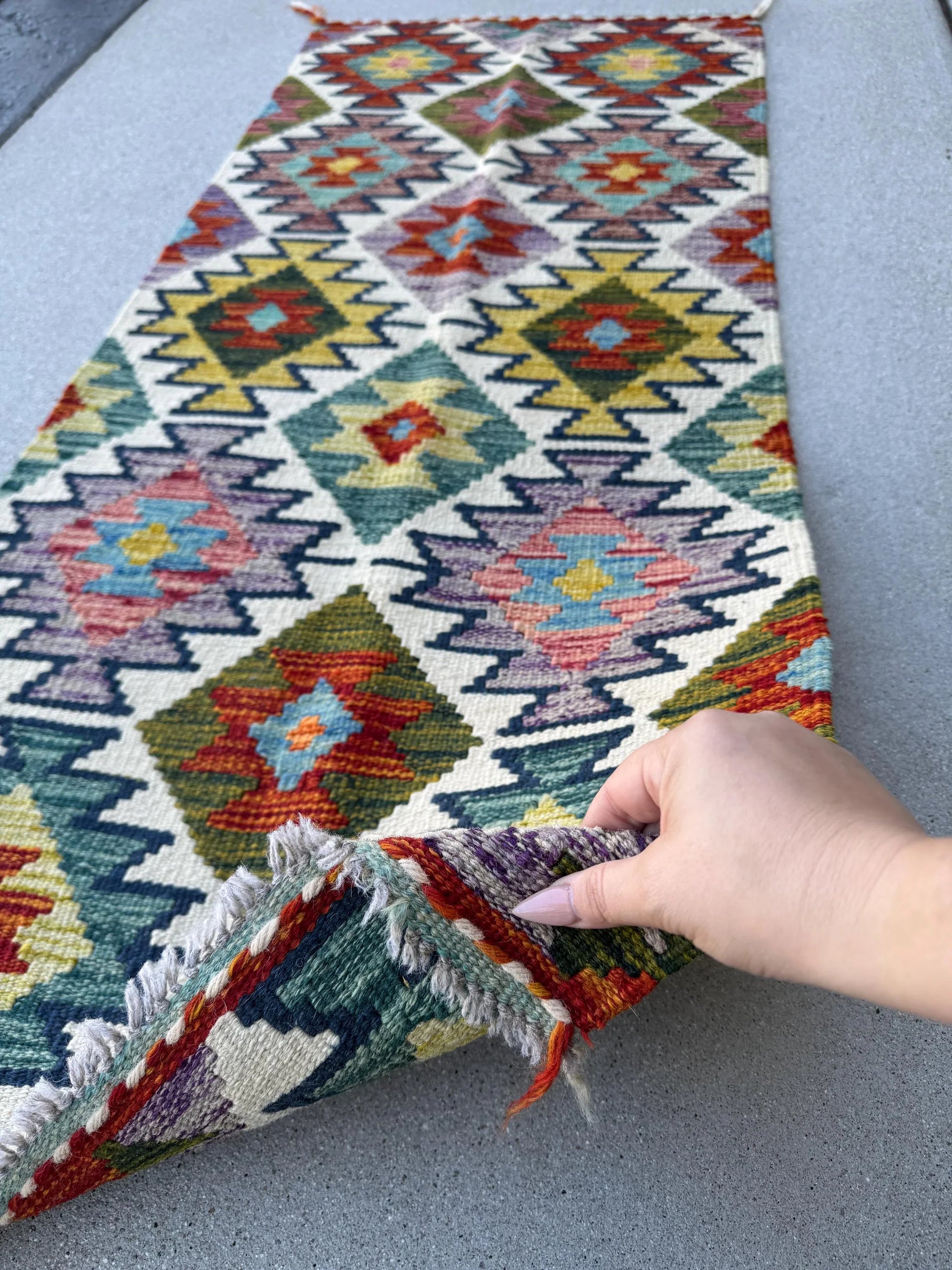 2x5 Handmade Afghan Kilim Runner Rug | Cream Purple Lavender Brick Red Burnt Orange Mustard Yellow Olive Moss Forest Green Teal Navy Blue