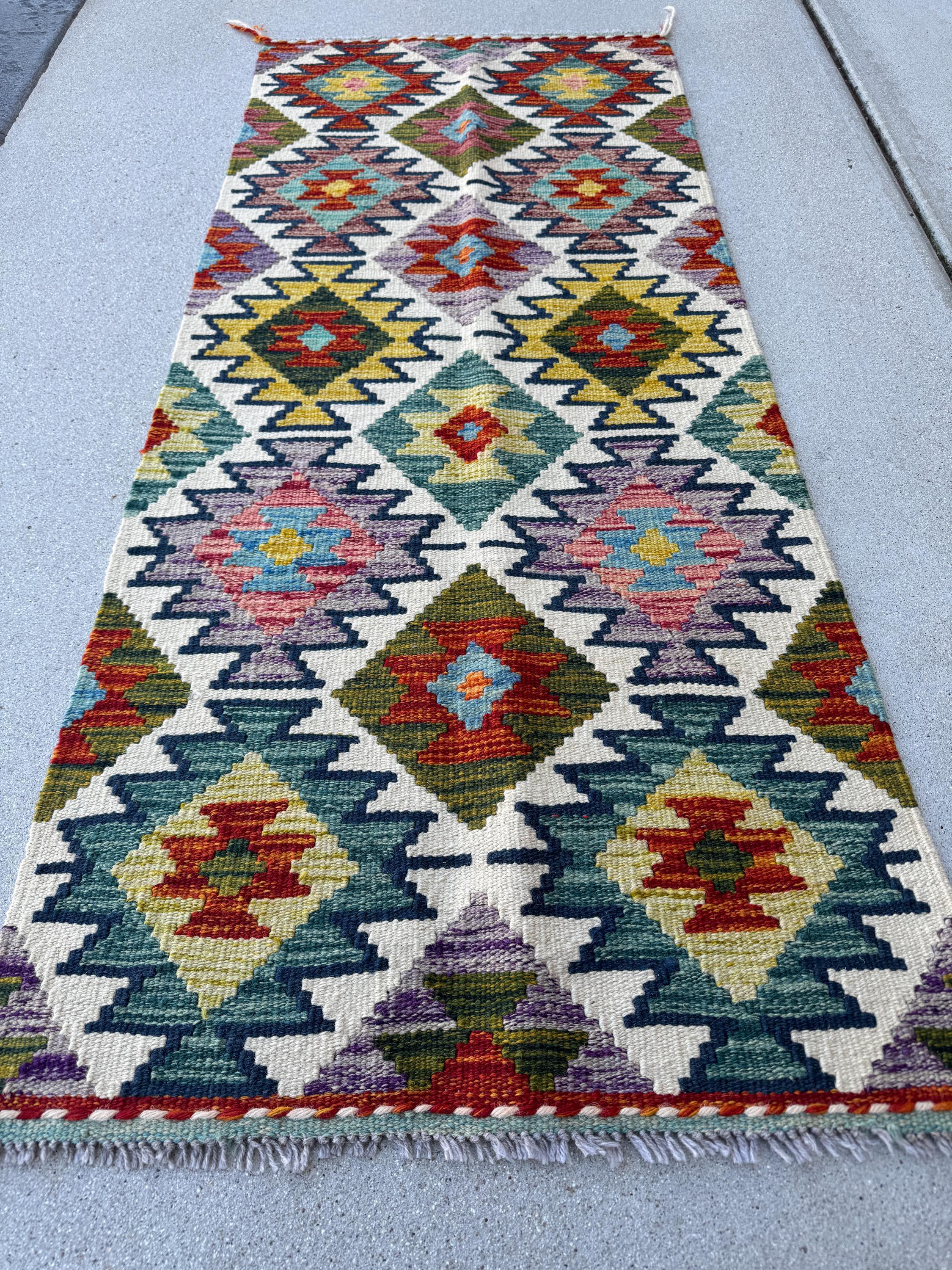 2x5 Handmade Afghan Kilim Runner Rug | Cream Purple Lavender Brick Red Burnt Orange Mustard Yellow Olive Moss Forest Green Teal Navy Blue