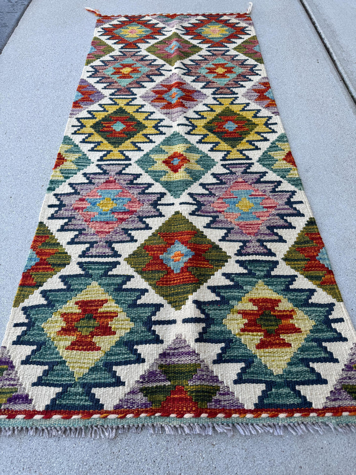 2x5 Handmade Afghan Kilim Runner Rug | Cream Purple Lavender Brick Red Burnt Orange Mustard Yellow Olive Moss Forest Green Teal Navy Blue