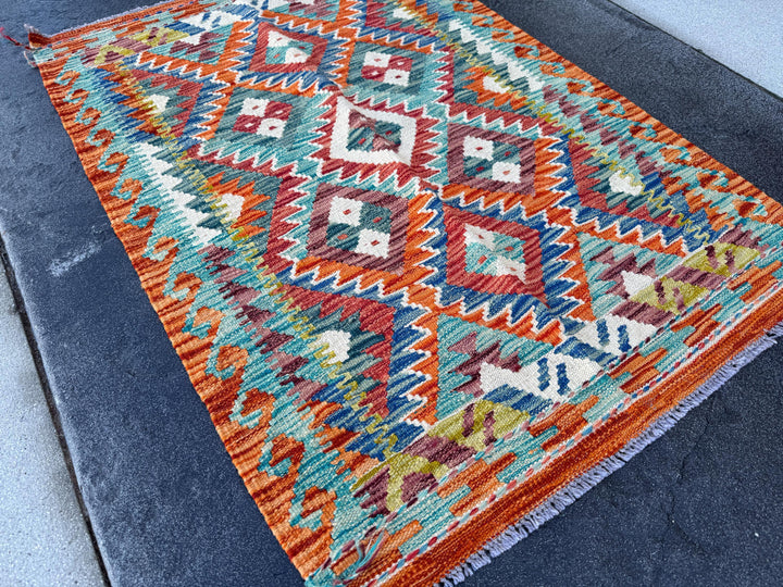 3x4 Handmade Afghan Kilim Runner Rug | Orange Denim Royal Aqua Blue Teal Olive Moss Green Cream White Purple Maroon Ivory | Wool Flatweave